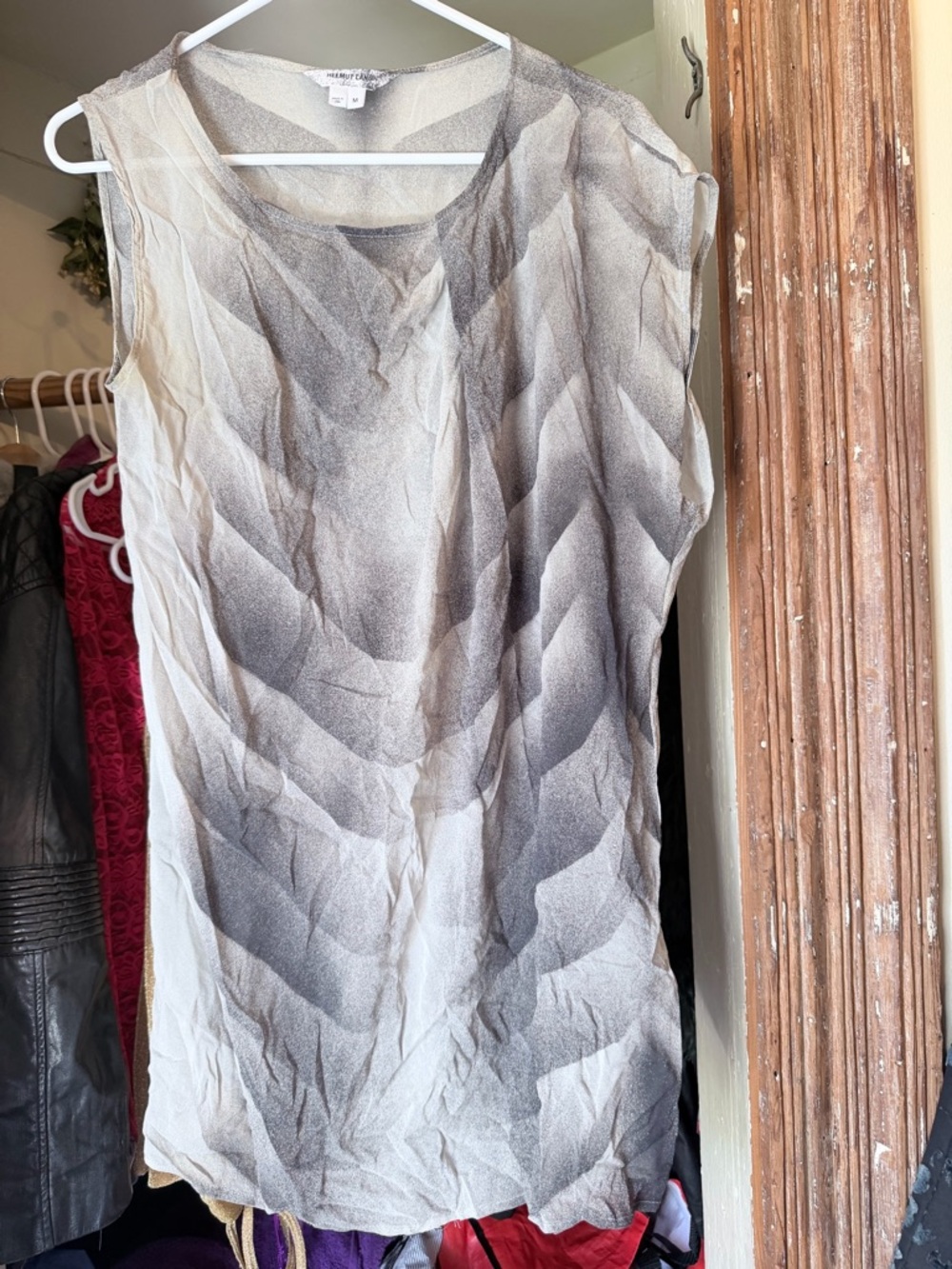 Helmut Lang asymmetric Sheer silk chiffon Chevron Wave Tank - black & white